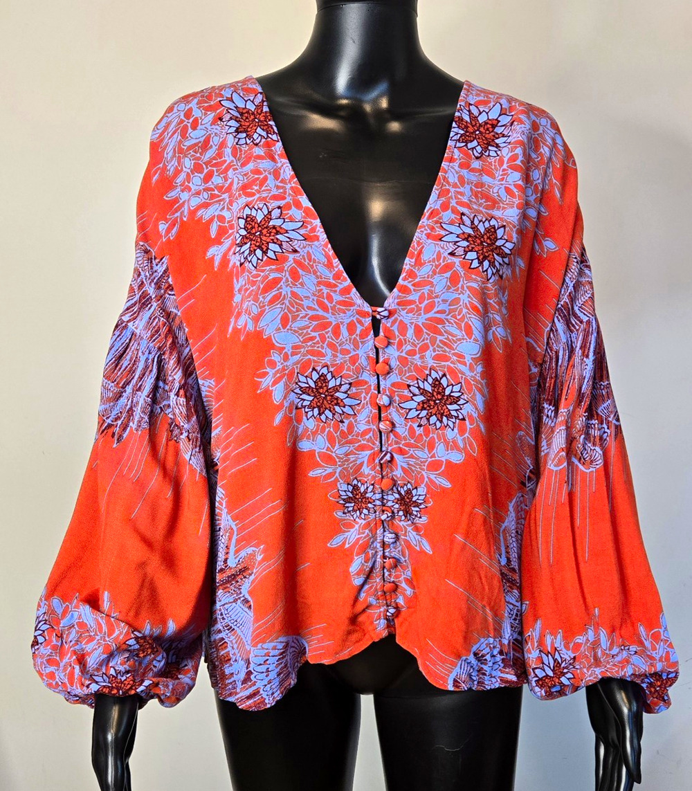 Free People Birds of a Feather V-Neck Button Hi-low Boho Blouse Balloon Sleeve S